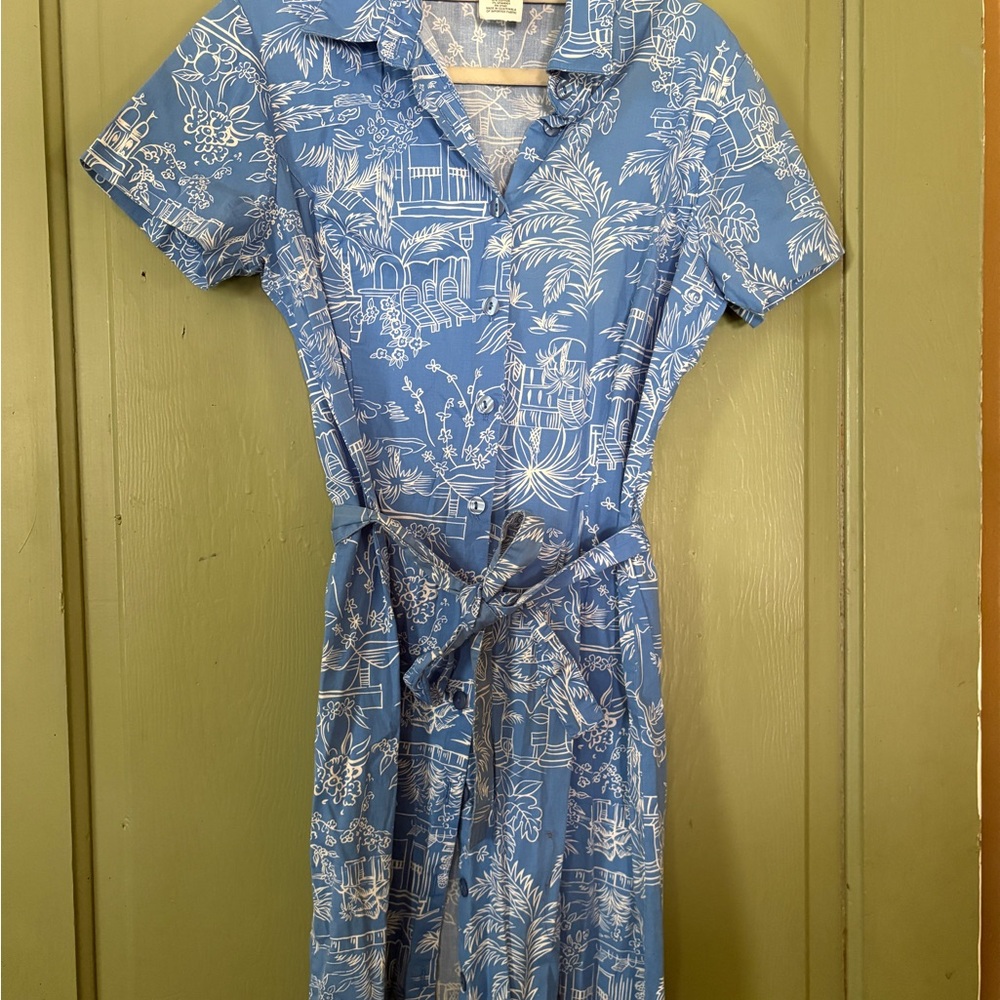 Vintage Blue and White Tie Front Midi Dress with Notched Collar